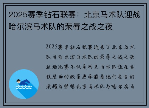 2025赛季钻石联赛：北京马术队迎战哈尔滨马术队的荣辱之战之夜