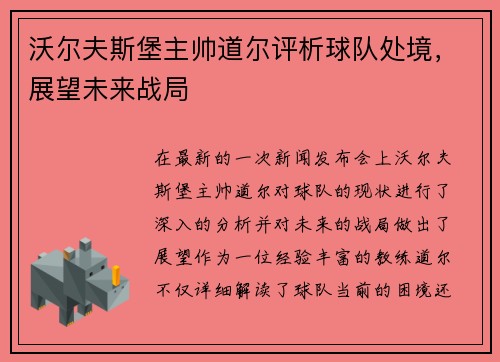 沃尔夫斯堡主帅道尔评析球队处境，展望未来战局